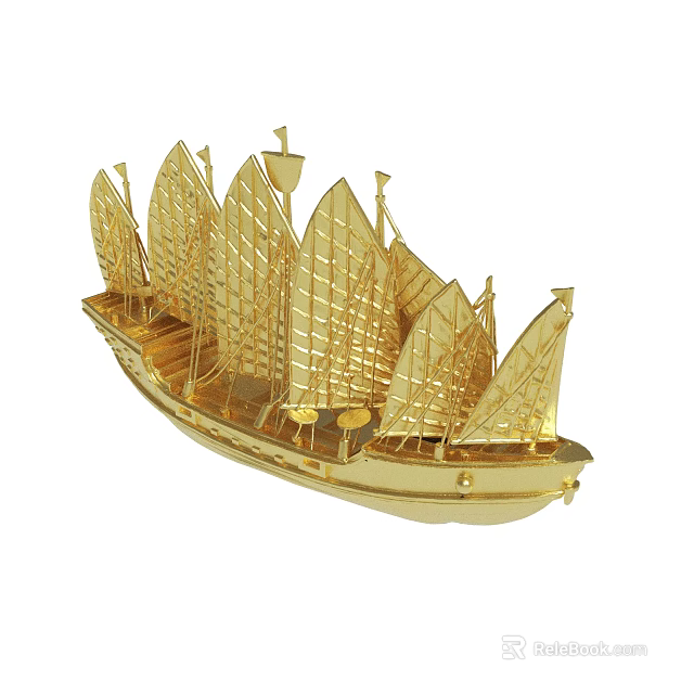Golden Sailing Ship Model With Multiple Masts And Decorative Sails Design 3d model 