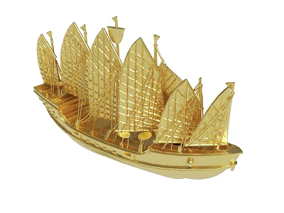 Golden Sailing Ship Model With Multiple Masts And Decorative Sails Design 3d model