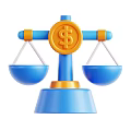 Blue Balance Scale With Gold Dollar Sign Coin And Two Balanced Blue Pans