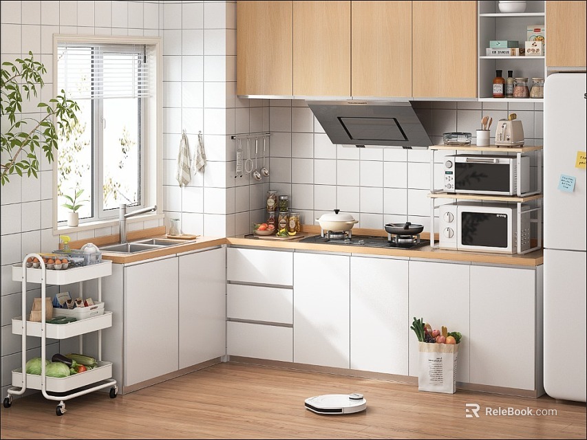 Modern Kitchen Interior Design With Wooden Cabinets White Countertops Window Microwave And Refrigerator 3d model 