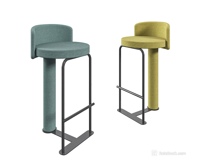 Modern Teal And Mustard Upholstered Bar Stools With Metal Frame And Backrest 3d model 