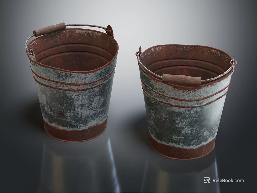 Two Rustic Metal Buckets With Handles For Washing Daily Use 3d model 