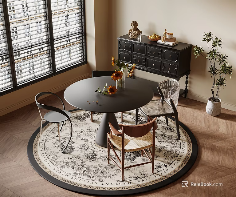 Stylish Round Dining Table Set With Mixed Chairs Decorative Cabinet And Area Rug 3d model