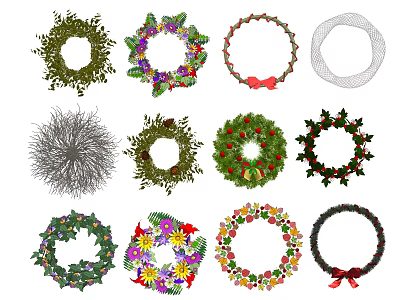 Assorted Decorative Wreath Ornament Set With Floral And Bow Designs 3d model