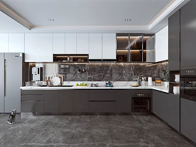 Modern Kitchen Interior With Marble Countertop Island And Gray White Cabinets 3d model