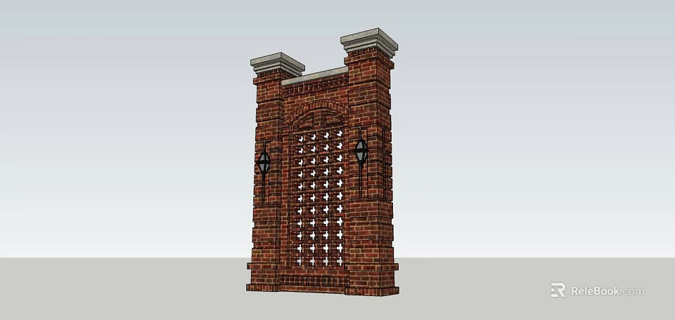 Red Brick Feature Wall With Lattice Design Decorative Columns And Wall Lamps 3d model