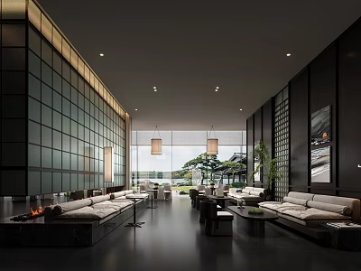 Modern Sales Office Interior With Spacious Layout Sofas Floor to Ceiling Windows and Green Plants 3d model