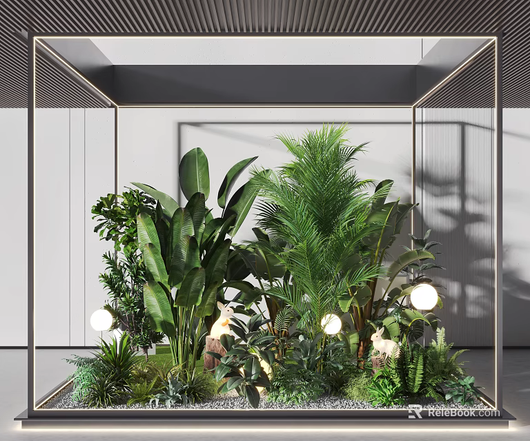 Indoor Landscape With Lush Plants Spherical Lights And Glass Frame 3d model 