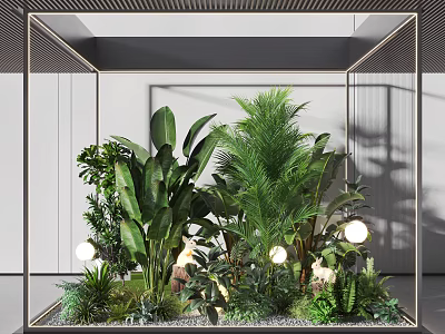 Indoor Landscape With Lush Plants Spherical Lights And Glass Frame 3d model