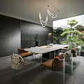 Modern Living And Dining Room Interior With Sofa Fireplace And Floor To Ceiling Windows