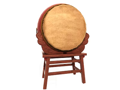 Traditional Red Musical Instrument Drum With Light Colored Head And Wooden Stand Stool 3d model