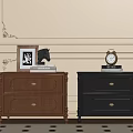 Brown and Black Wooden Nightstands with Picture Frame Horse Figurine Books and Alarm Clock