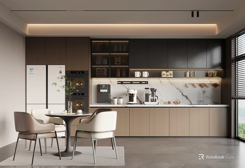 Modern Tea Room Interior With Coffee Machine Storage Cabinets Marble Countertop And Dining Chairs 3d model 