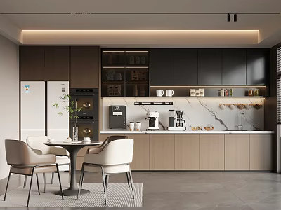 Modern Tea Room Interior With Coffee Machine Storage Cabinets Marble Countertop And Dining Chairs 3d model