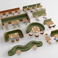 Modern Green And Brown Booth Sofas With Tables And Chairs For Cafe Interior 3d model