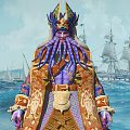 Octopus Game Movie Characters in Elaborate Purple Gold Costumes on Blue Sea with Sailing Ships