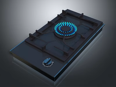 Modern Black Gas Hob With Blue Flame And Control Knobs For Kitchen 3d model