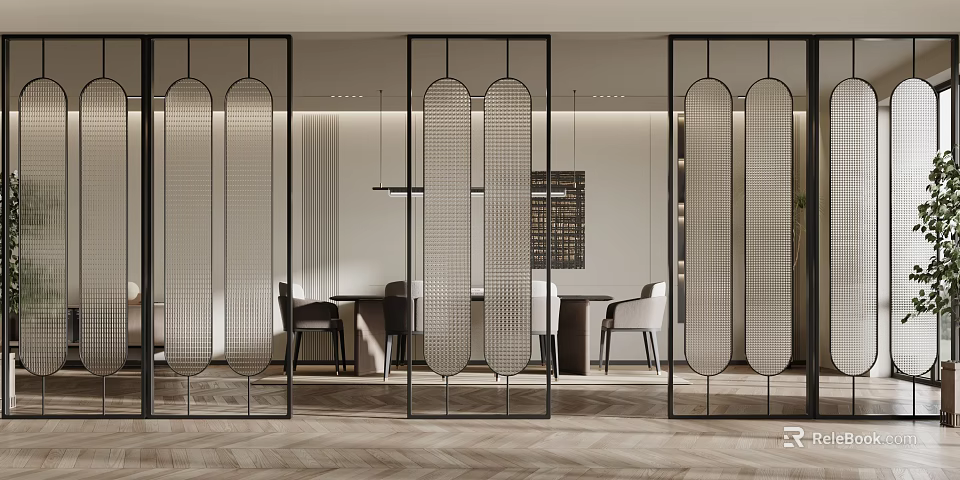 Stylish Modern Room Dividers With Arched Tops And Grid Patterns Enhancing Dining Area Interior Design 3d model 