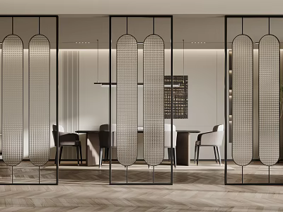 Stylish Modern Room Dividers With Arched Tops And Grid Patterns Enhancing Dining Area Interior Design 3d model