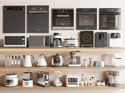Modern Kitchen Appliances Including Ovens Microwaves And Coffee Makers Arranged On Shelves 3d model