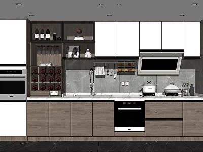 Modern Kitchen With White And Wood Cabinets Upper Lower Wine Rack Sink Stove Microwave 3d model