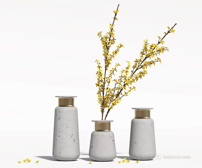 White Ceramic Vases with Yellow Blossom Branches in Minimalist Home 3d model 