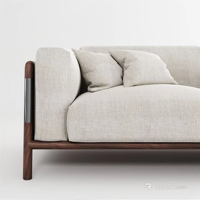 Modern Minimalist Double Sofa With Beige Linen Upholstery And Wooden Frame 3d model 