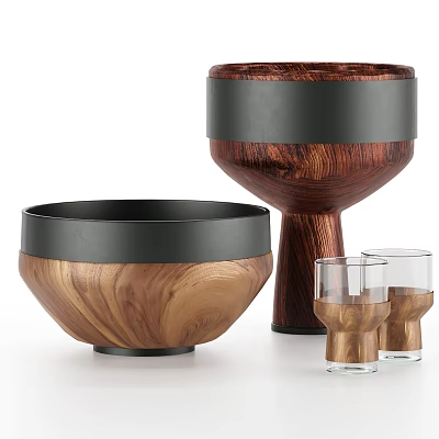 Wooden and Glass Tableware Set with Bowl Black Rim Tall Container and Small Glass Cups 3d model