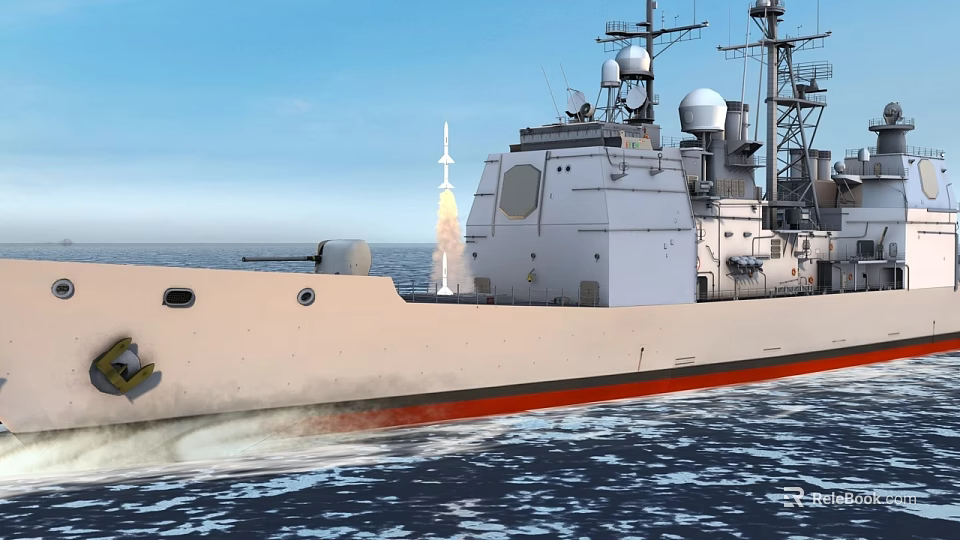 Warship At Sea With Rocket Launch And Radar Antennas On Deck 3d model 