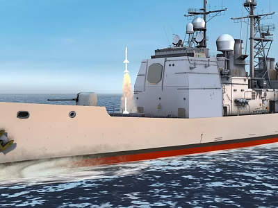 Warship At Sea With Rocket Launch And Radar Antennas On Deck 3d model