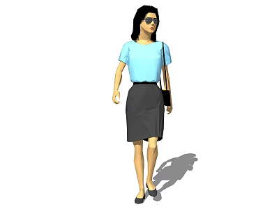 Woman Wearing Light Blue Short Sleeve Top And Gray Skirt With Sunglasses And Bag 3d model