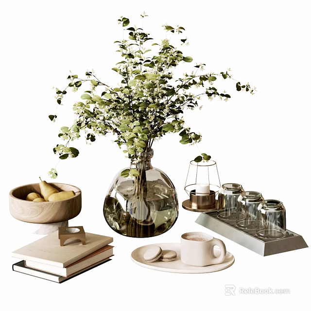 Stylish Ornamental Decor Set With Greenery Vase Wooden Bowl Teacup Glass Jars And Books 3d model 