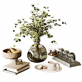 Stylish Ornamental Decor Set With Greenery Vase Wooden Bowl Teacup Glass Jars And Books