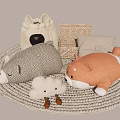 Soft Stuffed Bear Pig And Cloud Shaped Animals On Woven Rug With Gray Pillow