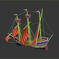 Ancient Sailing Ship Model With Red And Yellow Striped Sails And Wooden Masts