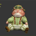 Chubby Cartoon Game Character Wearing Green Outfit Red Suspenders And Aviator Goggles In Sitting Pose