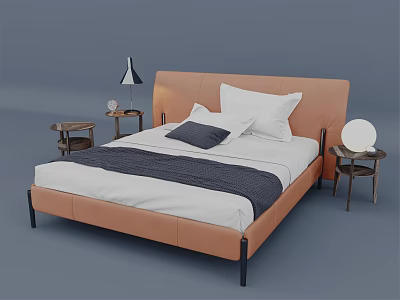 Modern Double Bed With Orange Headboard White Mattress Gray Pillows Side Tables And Lamp 3d model