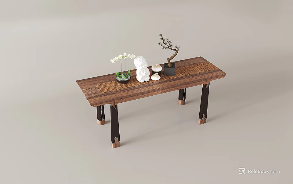 Wooden Dining Table Featuring White Vase Flowers Statue Black Pot And Small Tree 3d model 