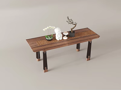Wooden Dining Table Featuring White Vase Flowers Statue Black Pot And Small Tree 3d model