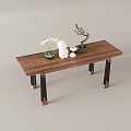 Wooden Dining Table Featuring White Vase Flowers Statue Black Pot And Small Tree