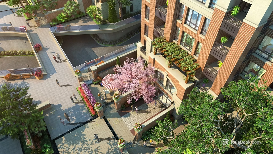 Urban Garden Landscape With Apartment Buildings Courtyard Cherry Blossom Tree And Greenery Areas 3d model 