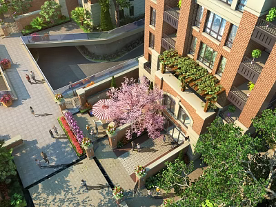 Urban Garden Landscape With Apartment Buildings Courtyard Cherry Blossom Tree And Greenery Areas 3d model