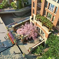 Urban Garden Landscape With Apartment Buildings Courtyard Cherry Blossom Tree And Greenery Areas