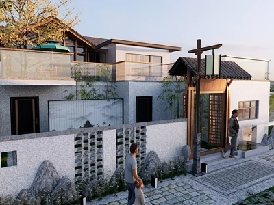 Detached Villa Featuring Chinese Style Courtyard Stone Wall Traditional Gateway Lush Greenery and Walking Path 3d model