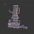 Medieval Blacksmith Workshop Structure With Tall Tower And Clay Pots