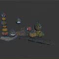 Tower Of Stacked Carved Halloween Pumpkins With Smiley Faces And Hay Decorations