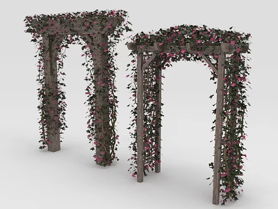 Wooden Garden Arbor With Climbing Vines And Pink Flowers For Outdoor Decoration 3d model