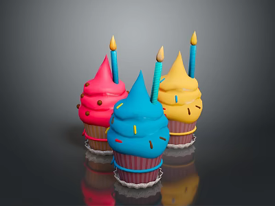 Colorful Cupcakes with Pink Blue Yellow Frosting Lit Candles and Sprinkles on Shiny Black Background 3d model