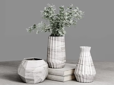Three Textured Vases With Green Plants On Stacked Books Linen Tabletop Gray Background 3d model