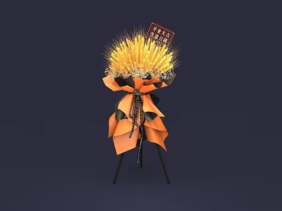 Yellow Flower Bouquet with Orange Black Wrapping Ribbon on Black Tripod Stand and Red Card 3d model